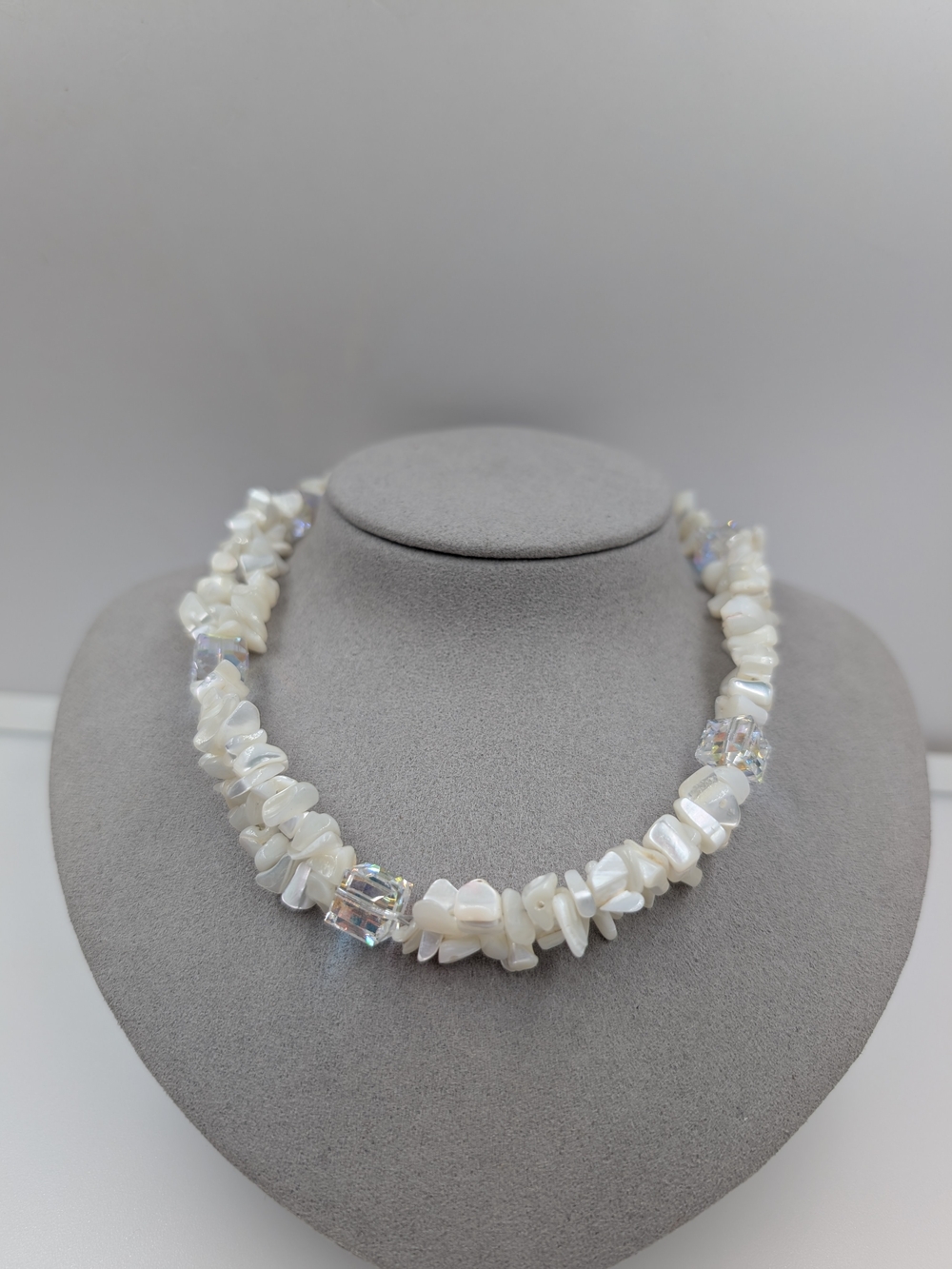 Multi-Strand White Shell Chip Aurora Borealis Crystal Cube Necklace 0714